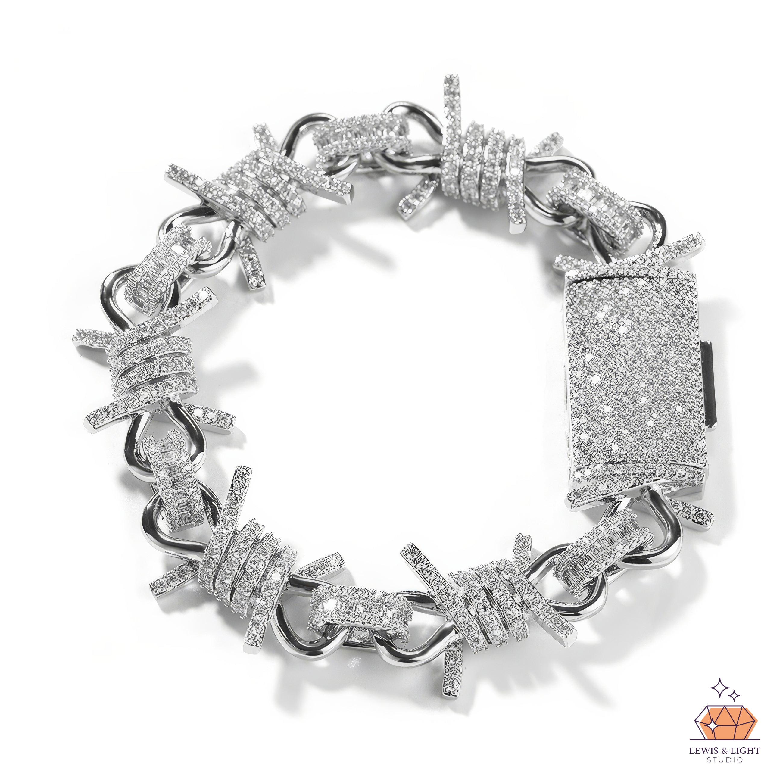 Cadena de eslabones cubanos con alambre de púas y hielo