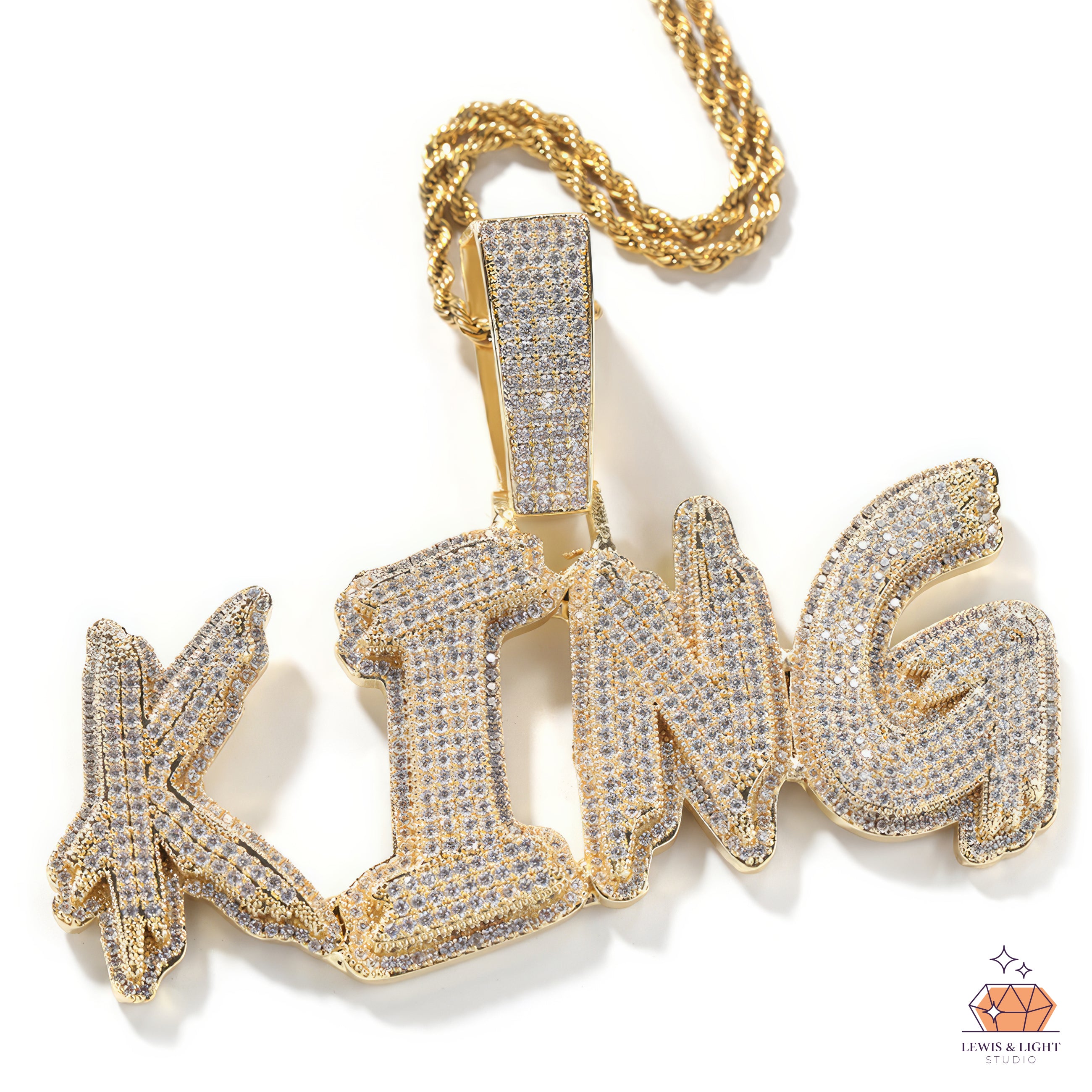 Collar con colgante Iced Out KING: cadena personalizada de hip hop urbano y gruesa