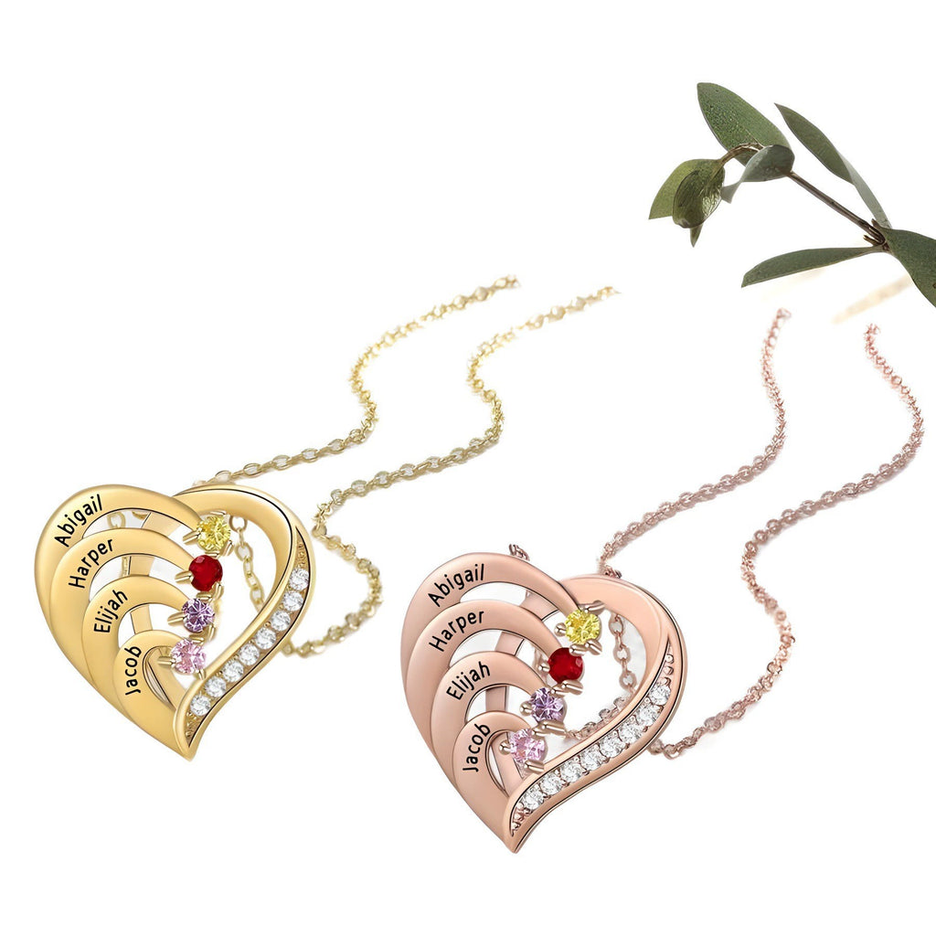 Collar de plata de ley con nombre en forma de corazón y piedras de nacimiento personalizadas
