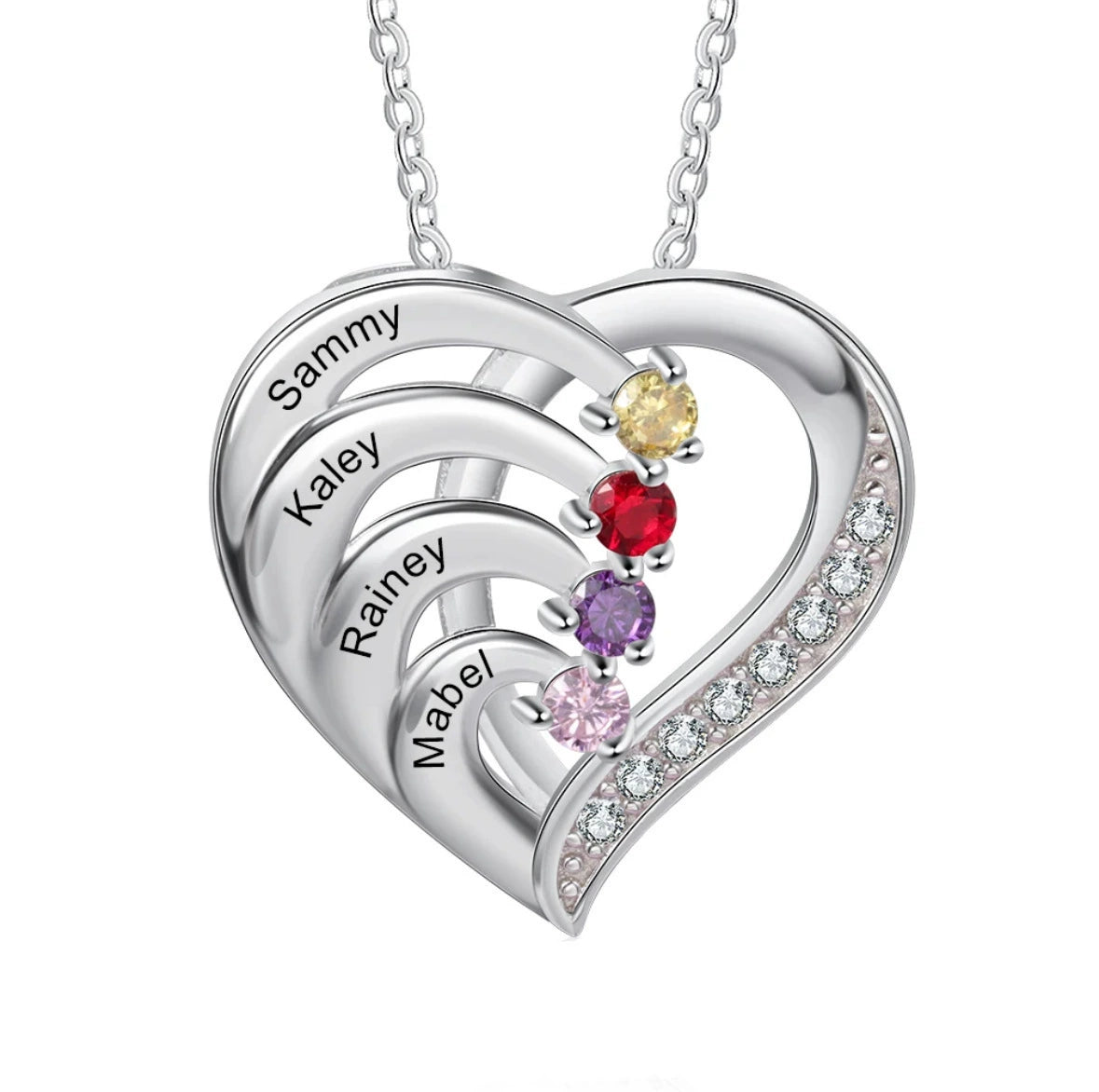 Collar de plata de ley con nombre en forma de corazón y piedras de nacimiento personalizadas