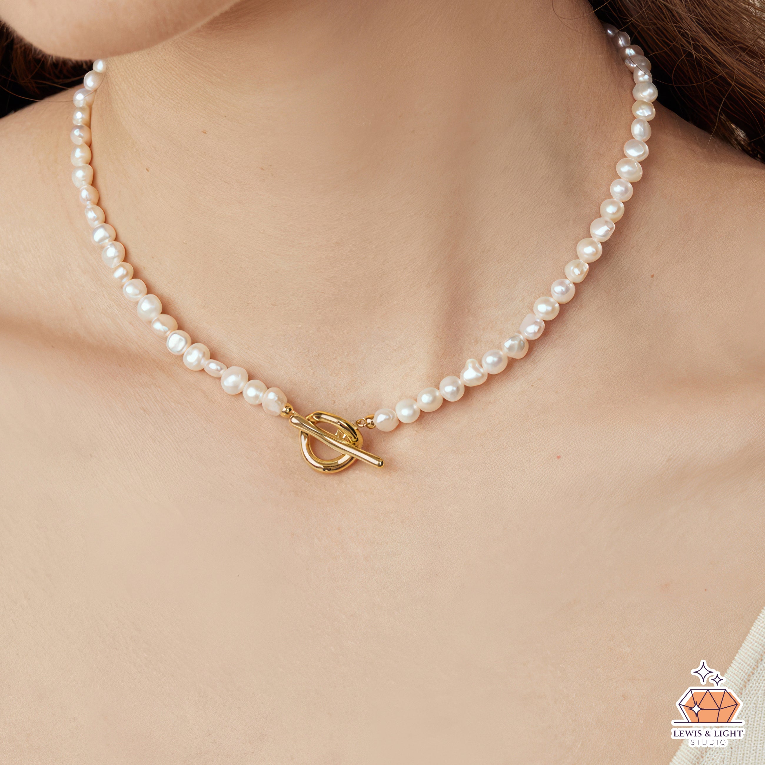 Collar de perlas Abbott Lyon con barra en T, chapado en oro de 18 quilates con perlas de agua dulce