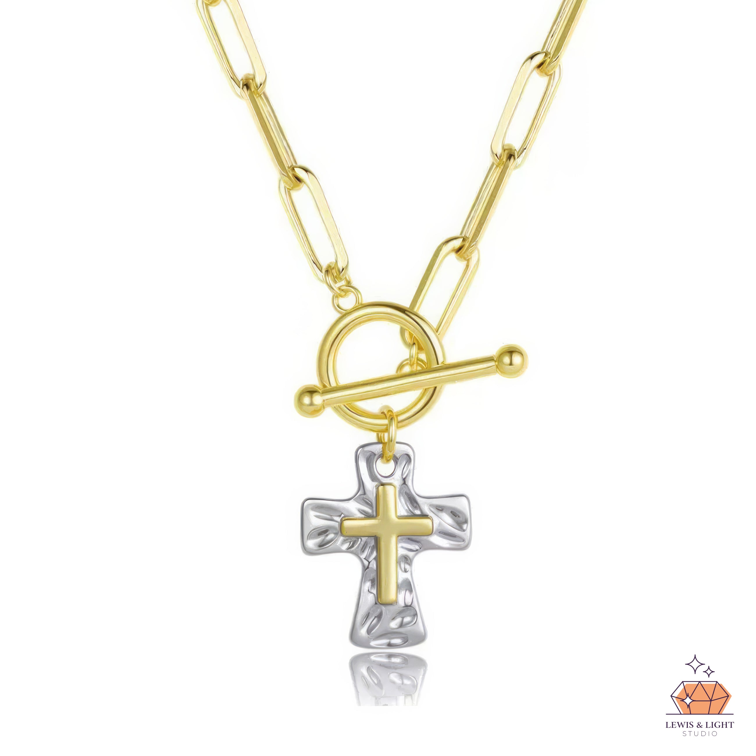 Cadena de clip con eslabones circulares en forma de cruz dorada incrustada - Plata