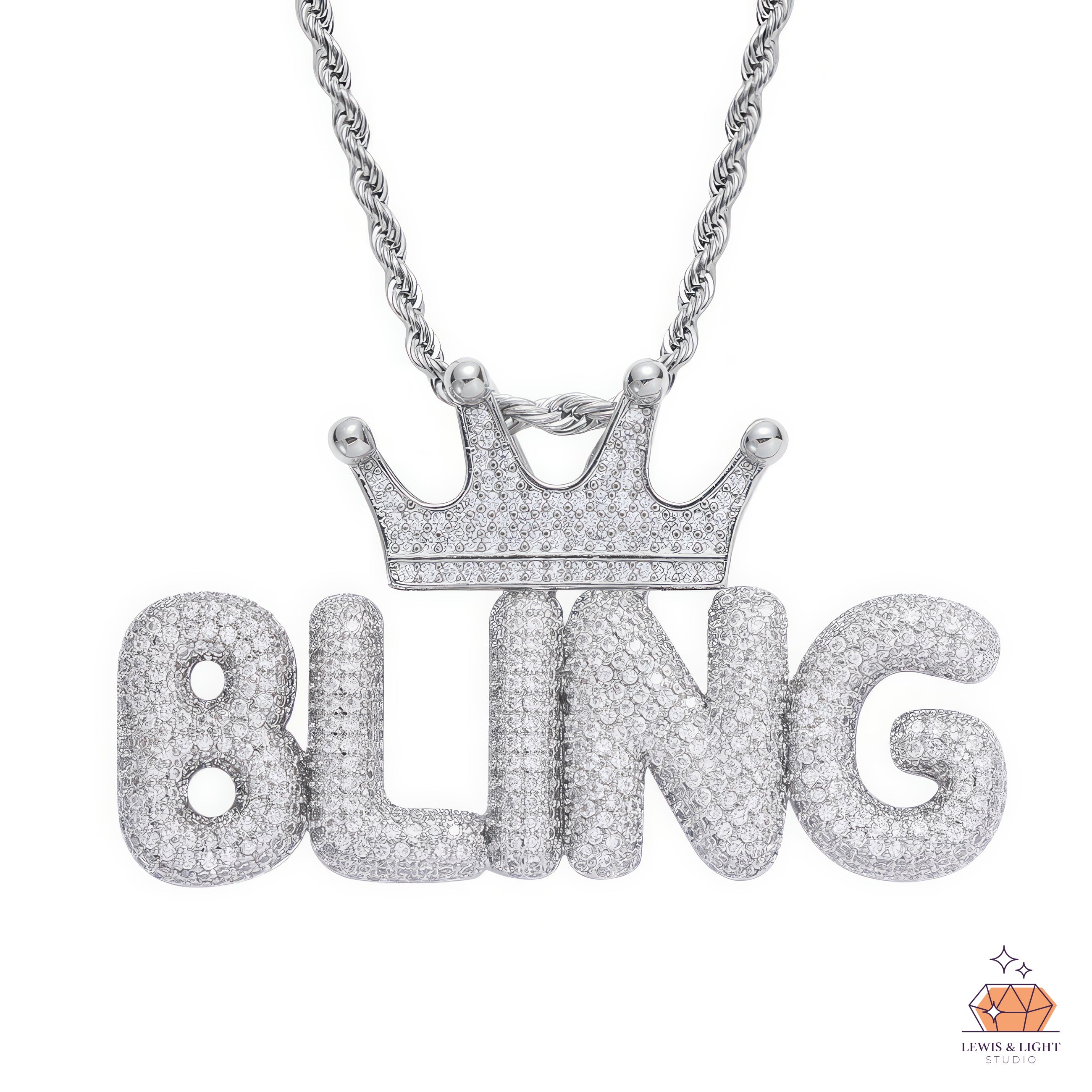 Collar con letras de burbujas heladas y corona: colgante urbano de hip hop con un toque de glamour.