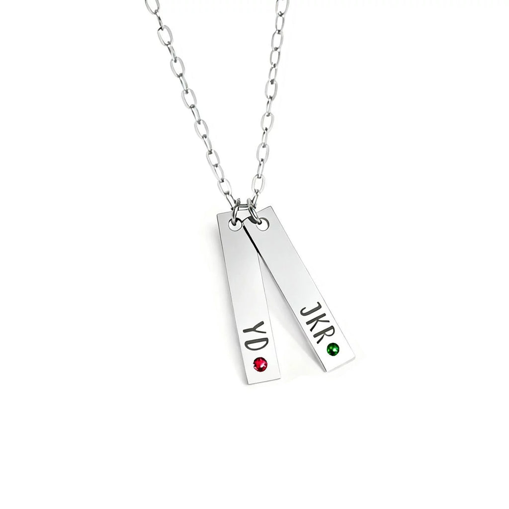 Collar personalizado con placa de nombre y barra vertical, grabado y piedras de nacimiento