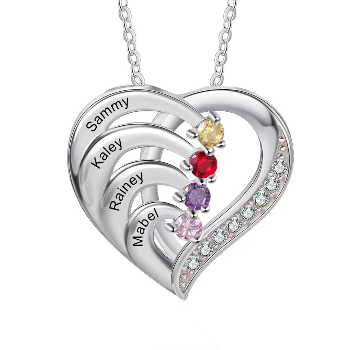 Collar de plata de ley con nombre en forma de corazón y piedras de nacimiento personalizadas
