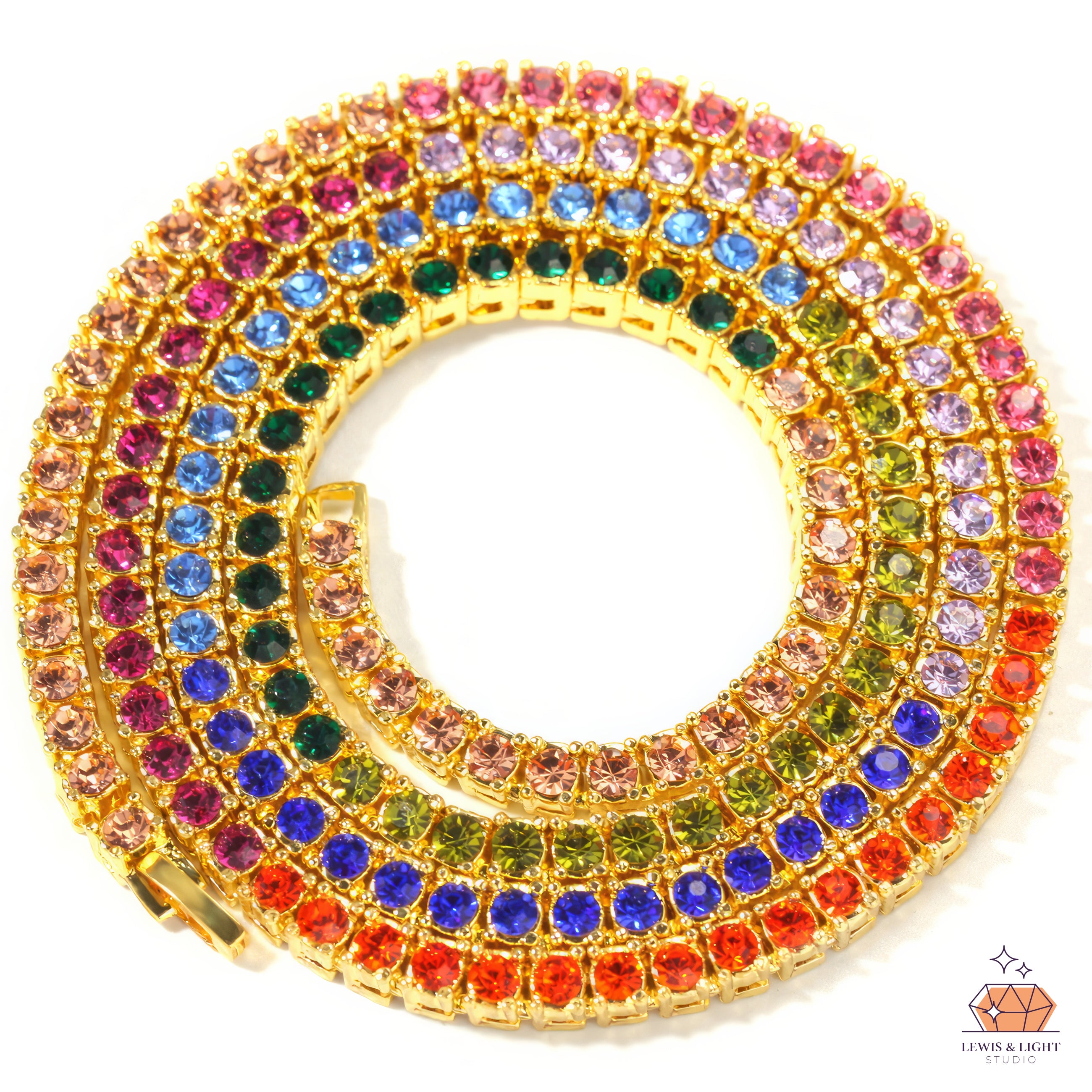 Cadena de tenis con circonitas arcoíris y estilo hip hop - Dorada